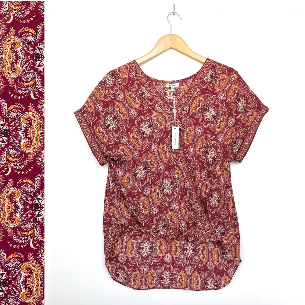Max Studio Georgette Blouse Faux Wrap  Hi-Low Pullover Short Sleeves